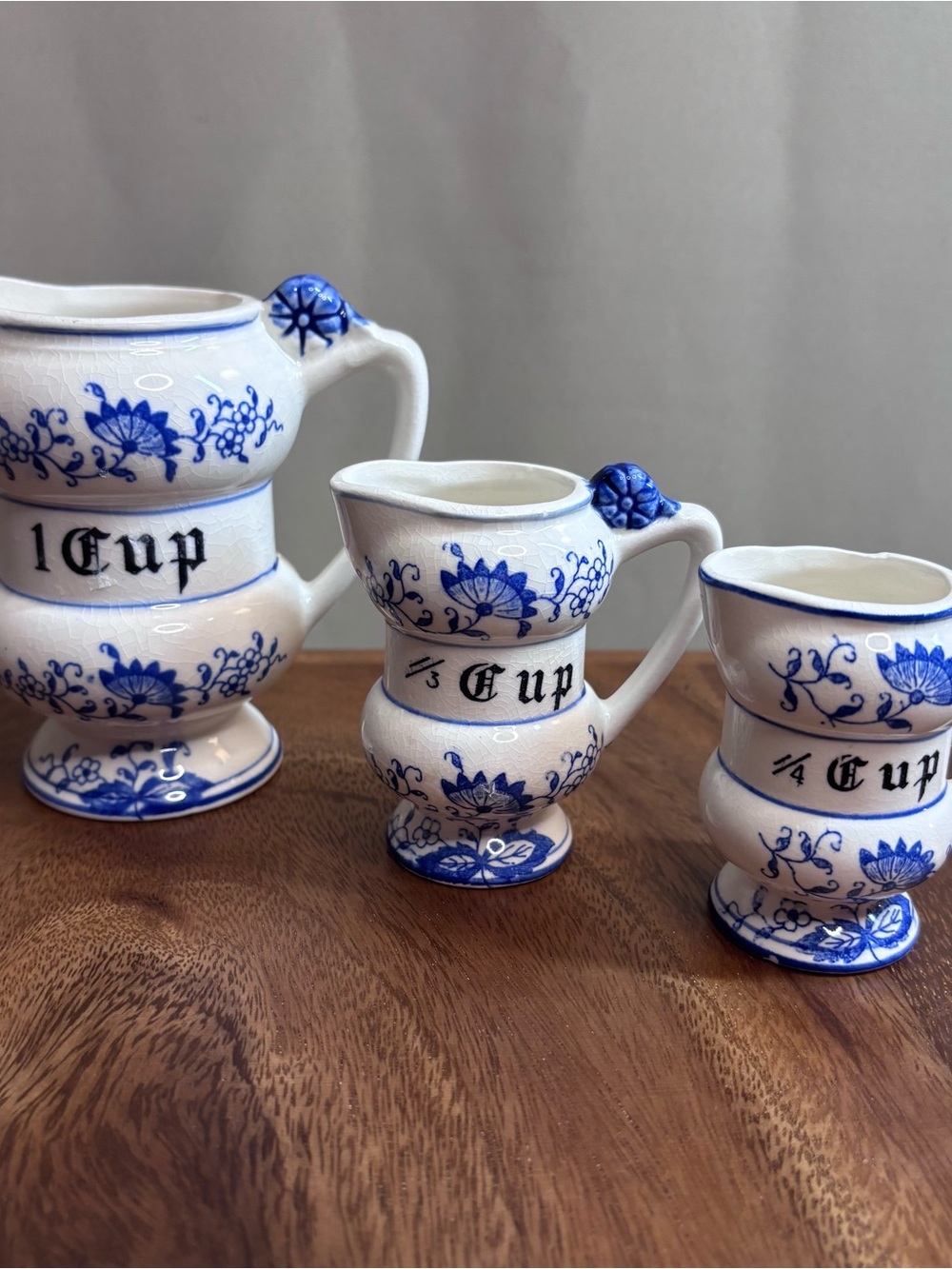 Vintage Blue Onion Porcelain Measuring Cup Set - 1 Cup, 1/3 Cup, 1/4 Cup